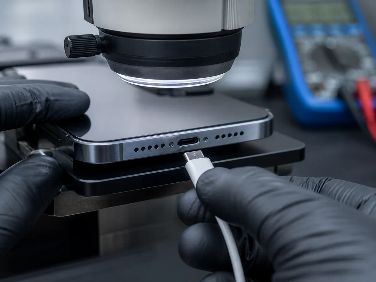 Inspection du port de charge sous microscope