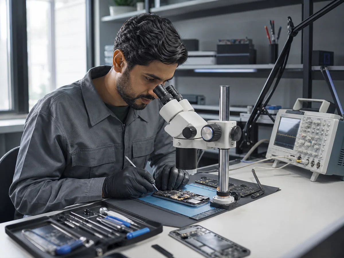 Technicien utilisant un microscope de diagnostic